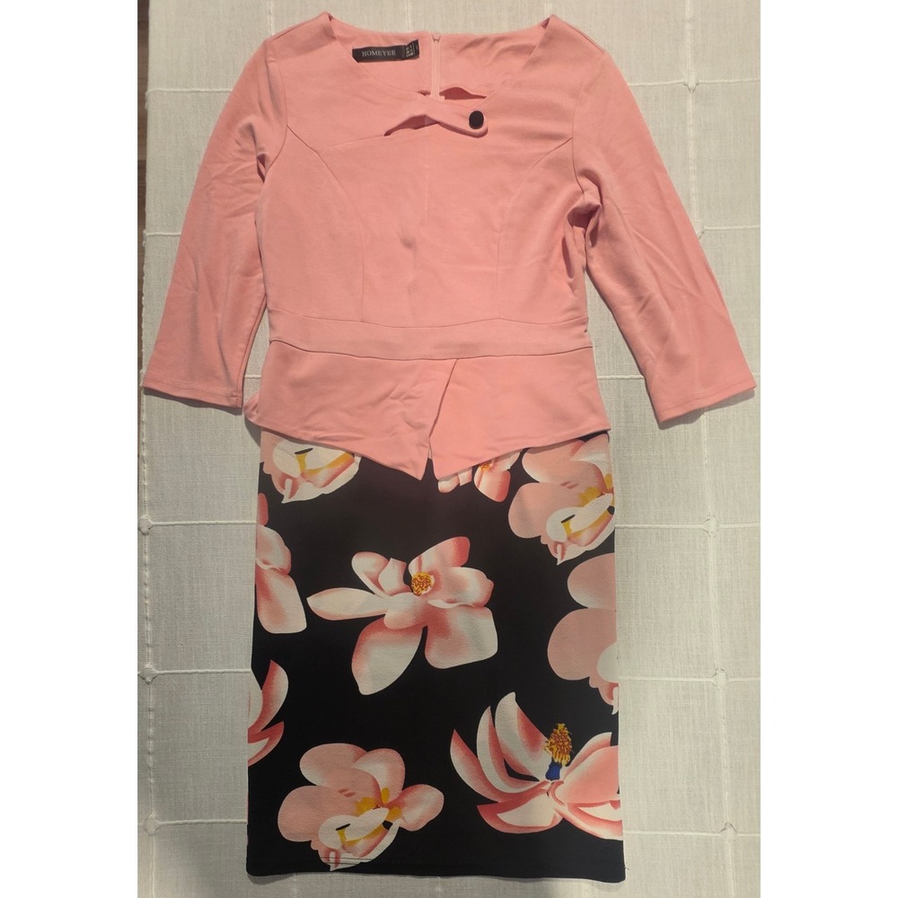 Homeyee Pink Peplum Floral Sheath Dress 3/4 Sleeve Cutout Neck Size 8 L